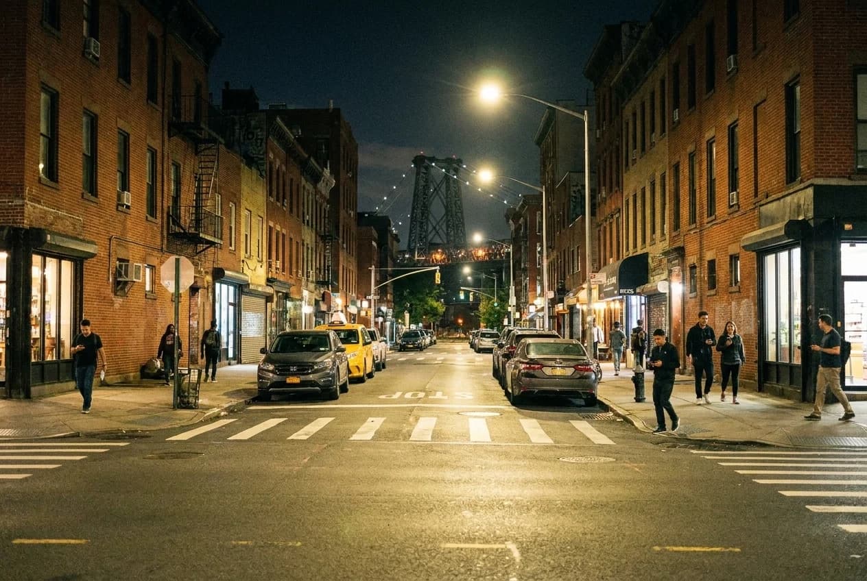 North 10th Street in Williamsburg at night looking toward Bedford Avenue with streetlights and brick buildings