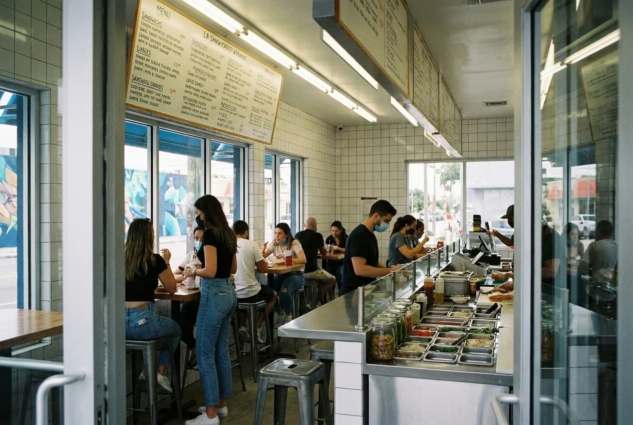 Interior counter and menu boards at La Sandwicherie Wynwood sandwich shop with white tile walls