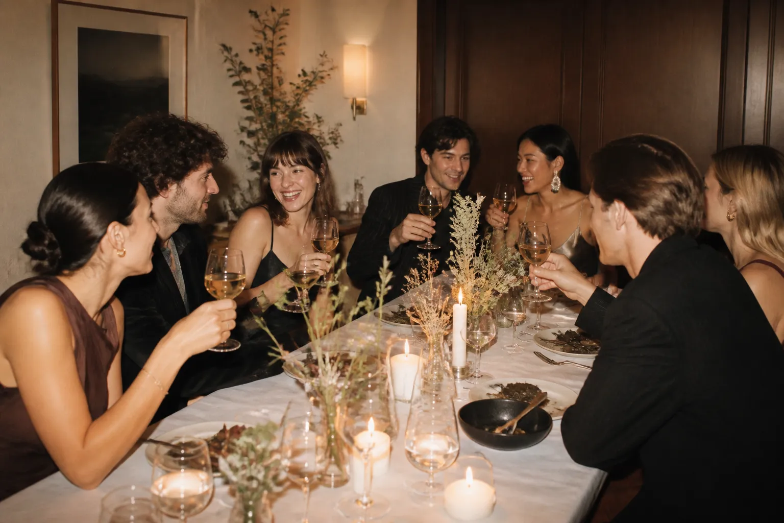 A private dining room set for a group celebration with warm light