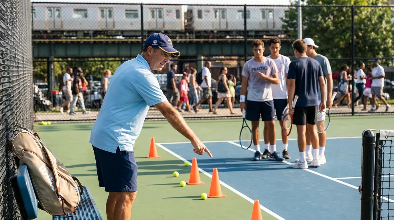 Photorealistic US Open tennis scene for Return Position Battles That Decide US Open Upsets.