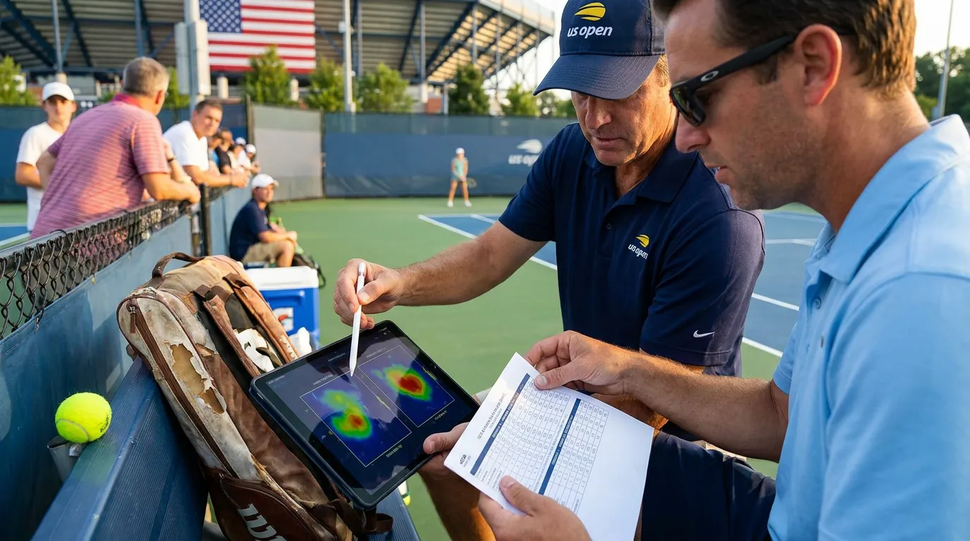 Photorealistic tennis scene illustrating Return Position Battles That Decide US Open Upsets.