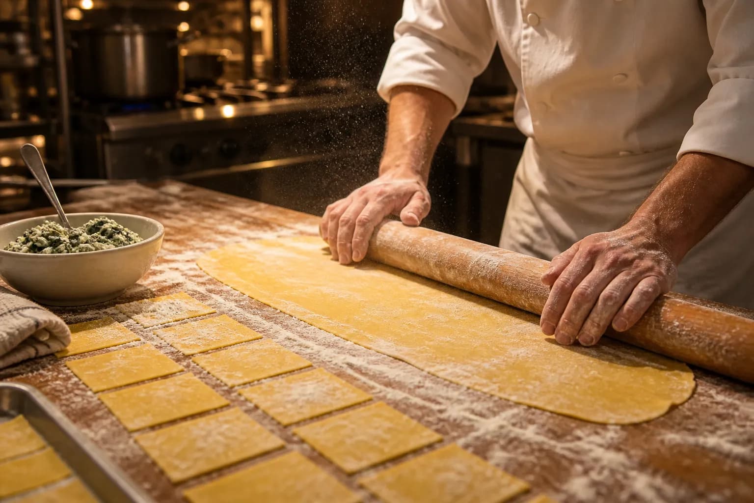 A cook in a white jacket rolling and cutting fresh pasta dough on a floured wooden bench in an open kitchen