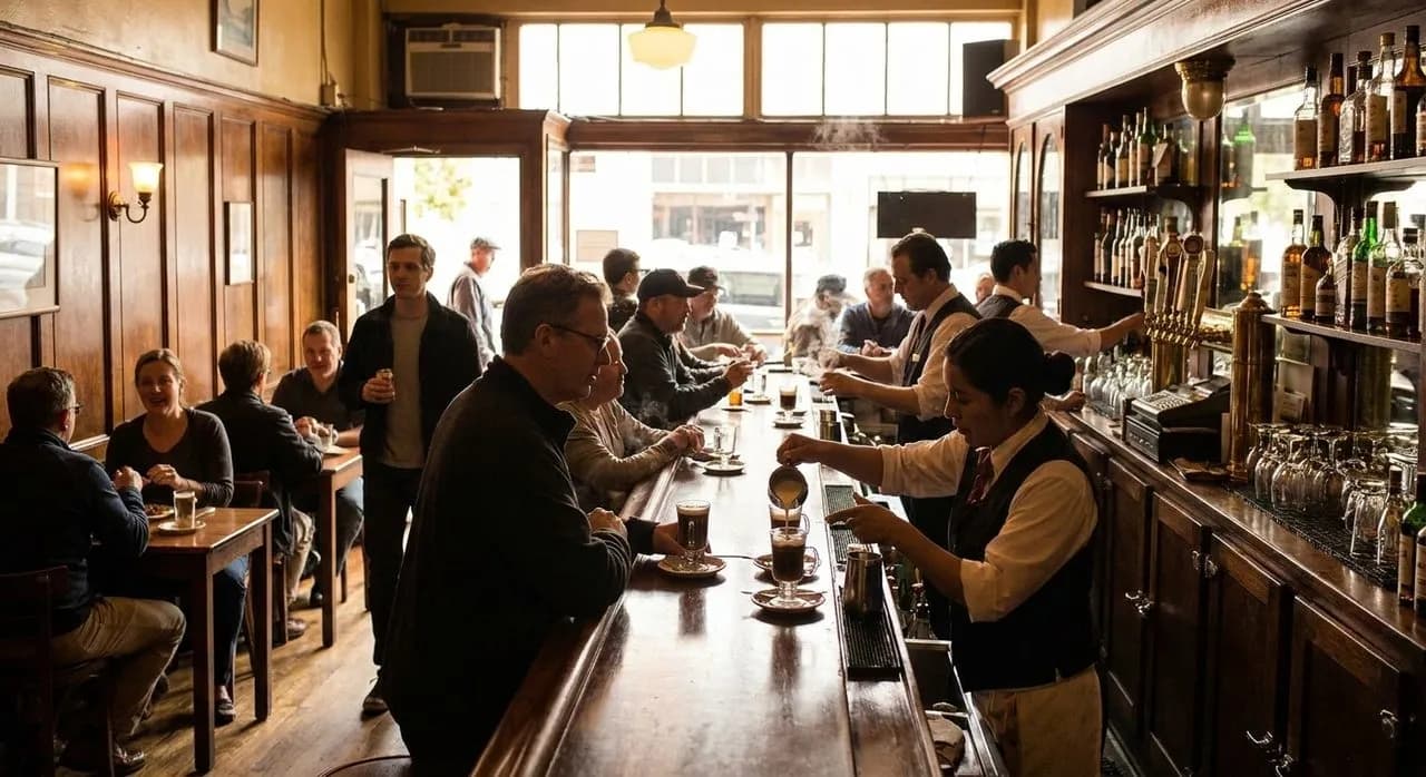 Counter service at The Buena Vista Cafe with warm coffee service and a busy morning rhythm