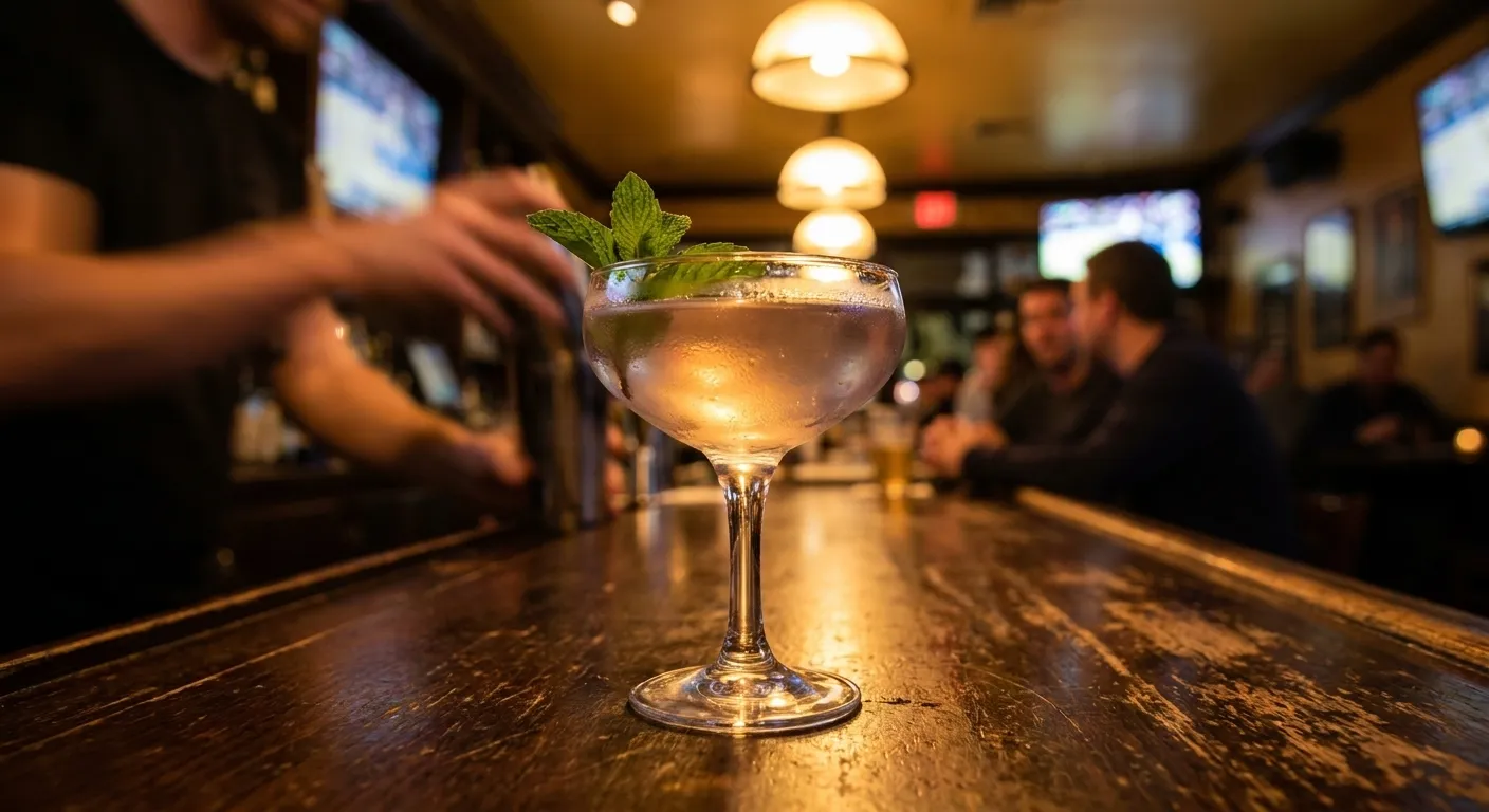 Lavender Ballhalla cocktail in coupe glass with mint garnish on dark wood bar top at Rikki's sports bar