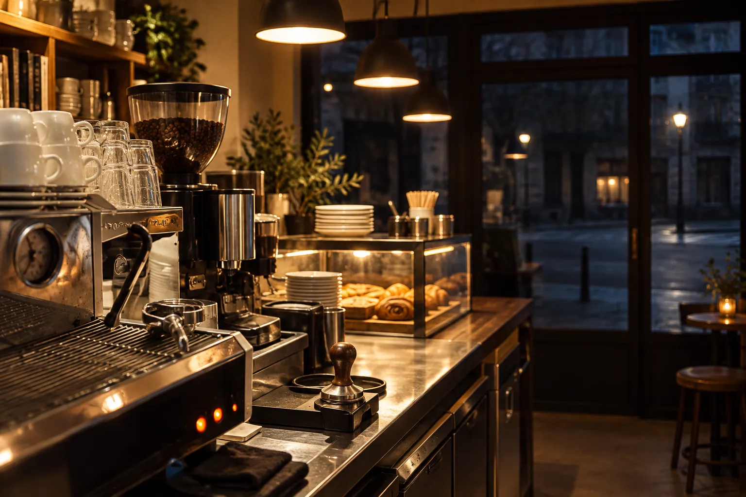 Café service counter at dawn with a chrome espresso machine, grinder and stacked cups under pendant lights, the street still dark beyond the window