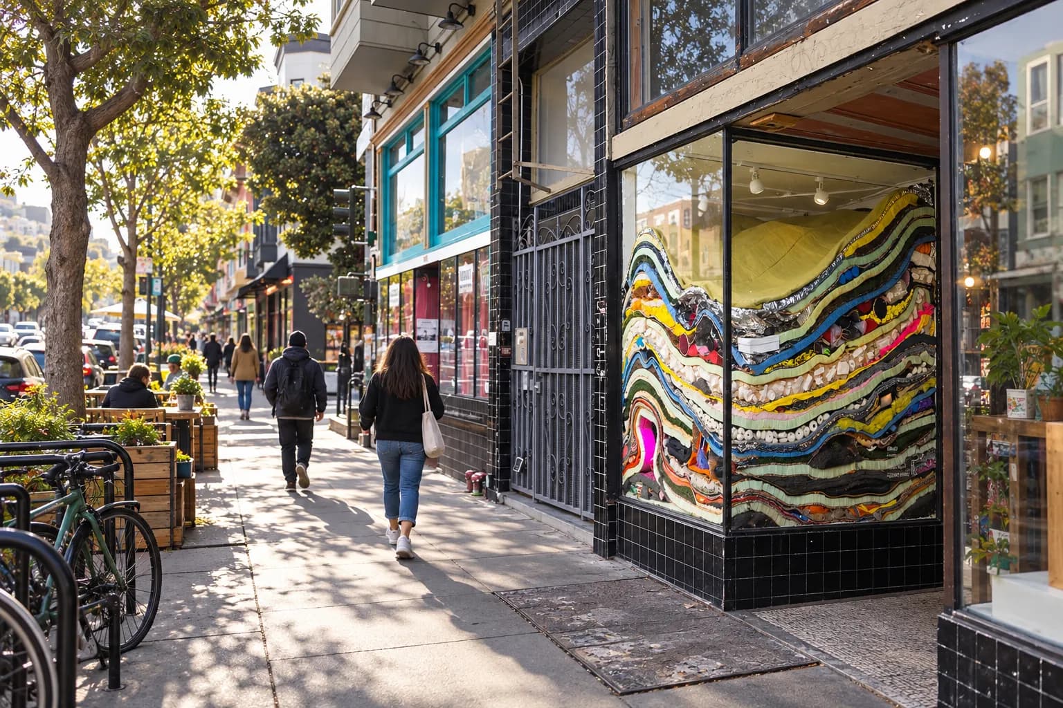 Lively neighbourhood shopping street with painted shopfronts, bicycles at racks, street trees and parklets built out into the parking lane