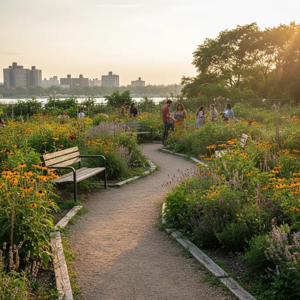 Editorial-style realistic scene inspired by Riverside Park Garden People in New York.