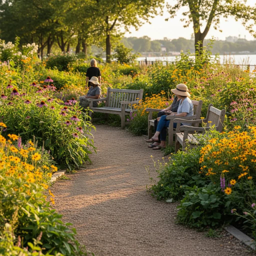 Editorial-style detail scene for Riverside Park Garden People in New York.