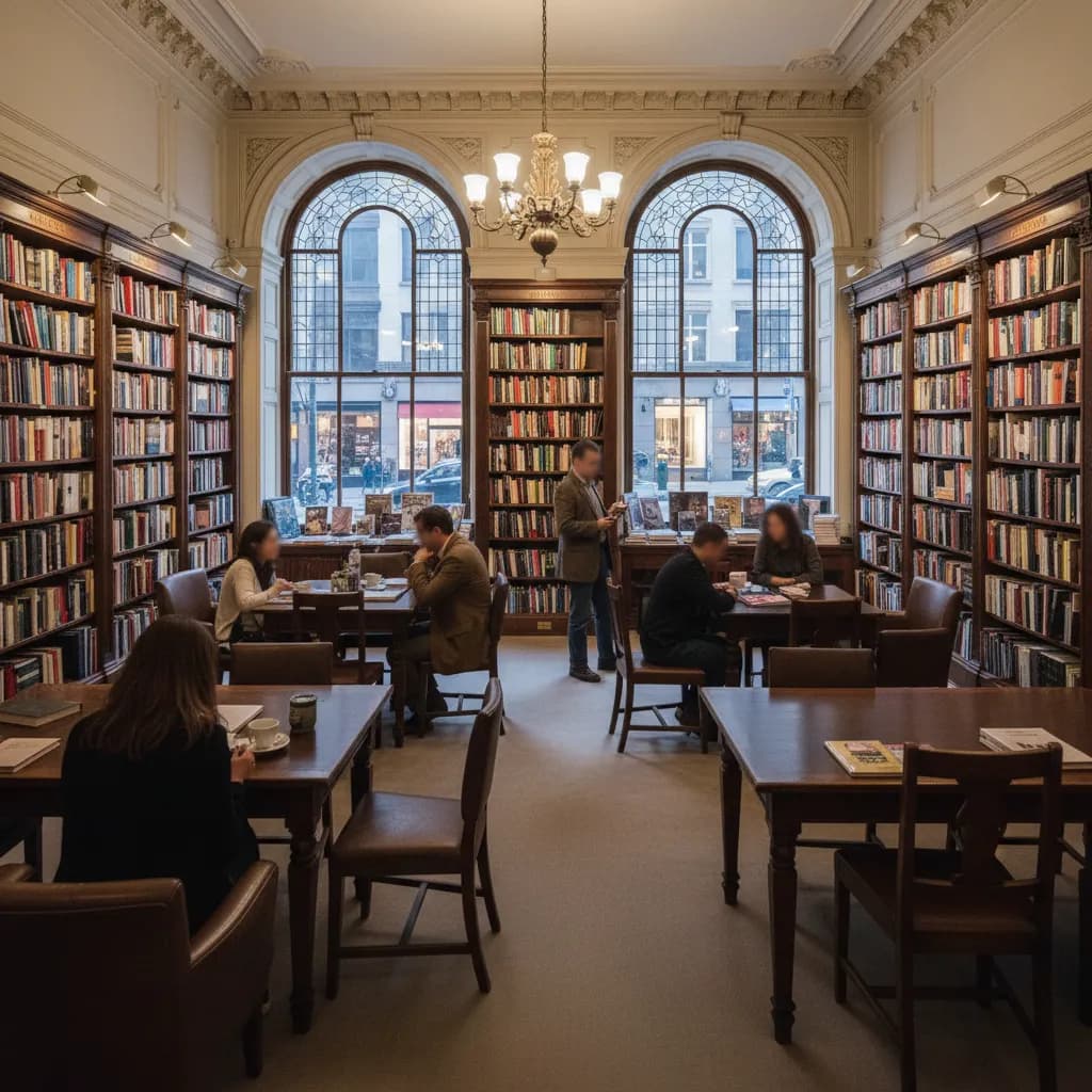 Editorial-style realistic scene inspired by Rizzoli Bookstore in New York.