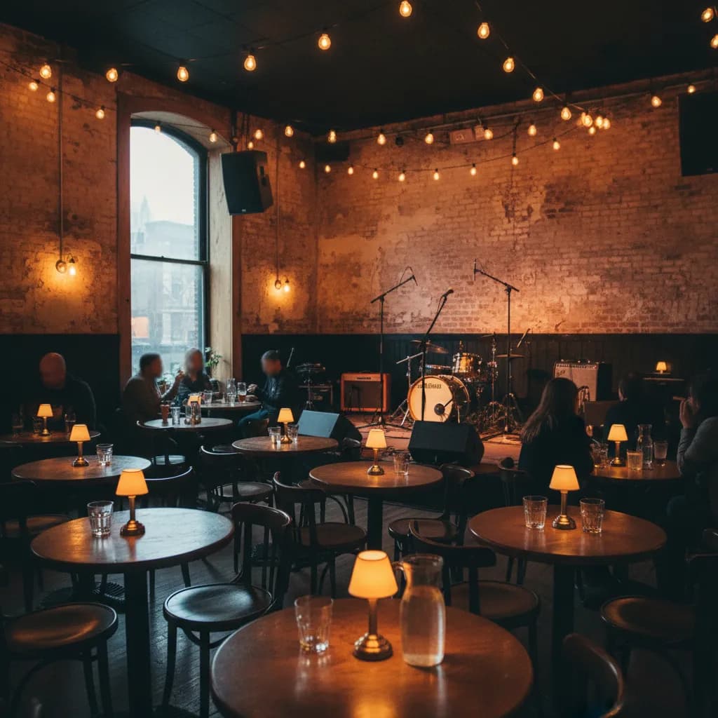 Editorial-style realistic scene inspired by Rockwood Music Hall in New York.