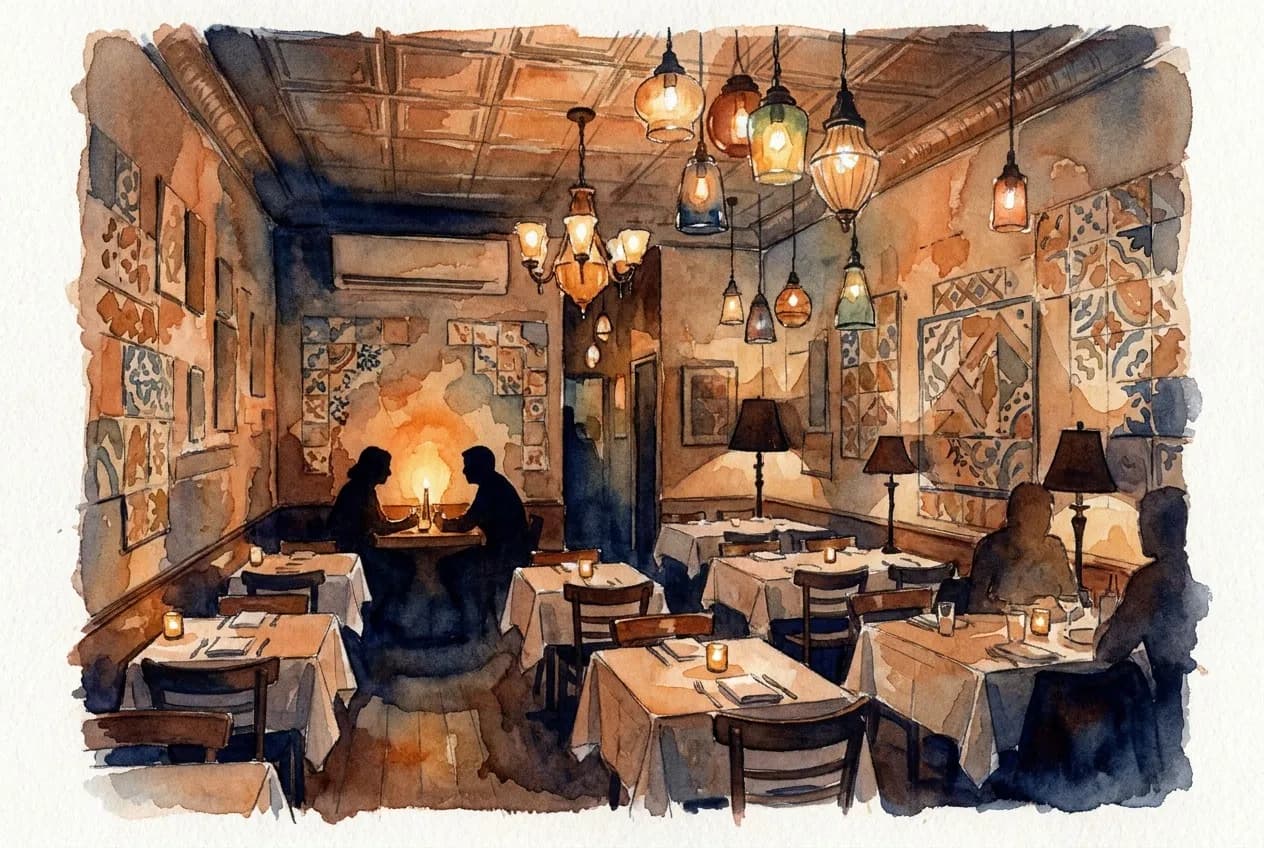 AI-generated watercolor: intimate candlelit back dining room of a Brooklyn Italian trattoria with mismatched glass chandeliers, decorative tile walls, white-tableclothed tables, and two silhouetted diners at the back-left corner
