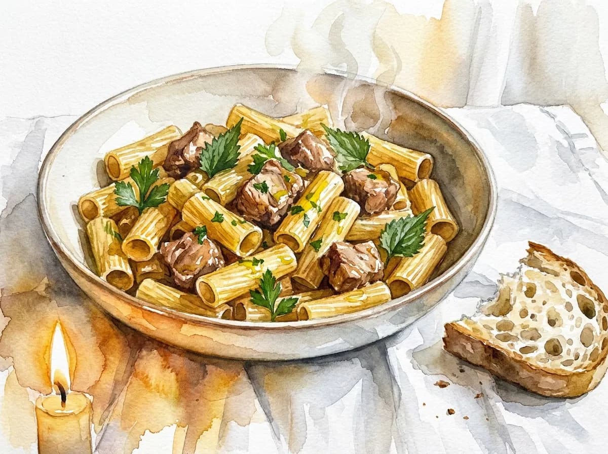 AI-generated watercolor: close-up still life of a wide ceramic bowl of golden rigatoni pasta with braised pork and fresh herbs, steam curling upward, torn sourdough bread beside it on a white linen tablecloth with candlelight from below