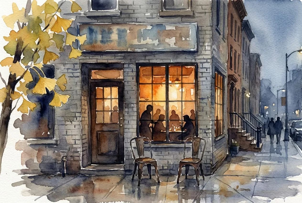 AI-generated watercolor: exterior of a quiet Brooklyn restaurant at night, weathered gray sign above the door, warm amber interior glow through the window, two rustic metal sidewalk chairs, DeKalb Avenue brownstones receding into blue evening light with a golden-leafed ginkgo tree at left
