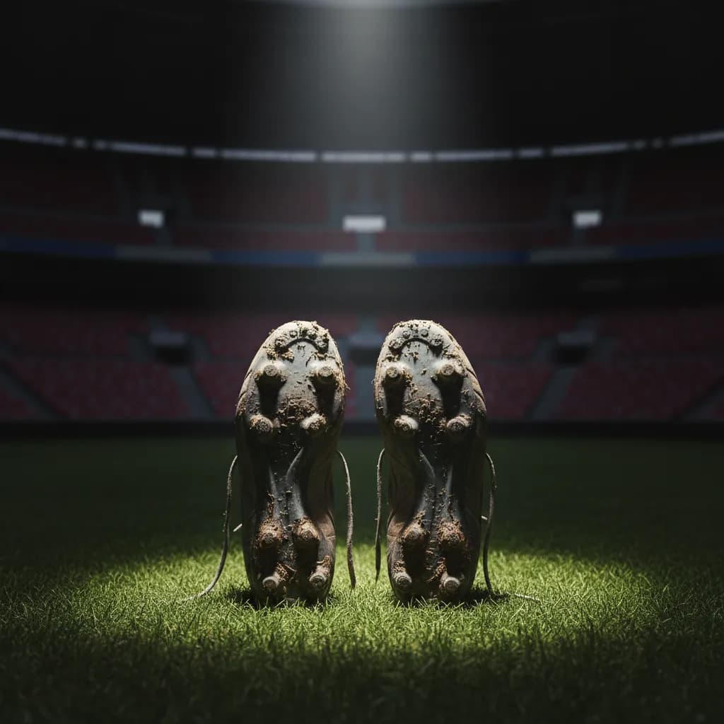 A pair of worn football boots placed on the grass in an empty stadium after the final match