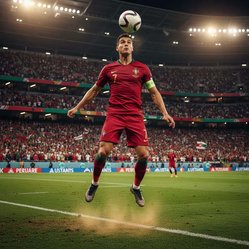 Ronaldo rising to head the ball in Portugal's red jersey during World Cup 2026