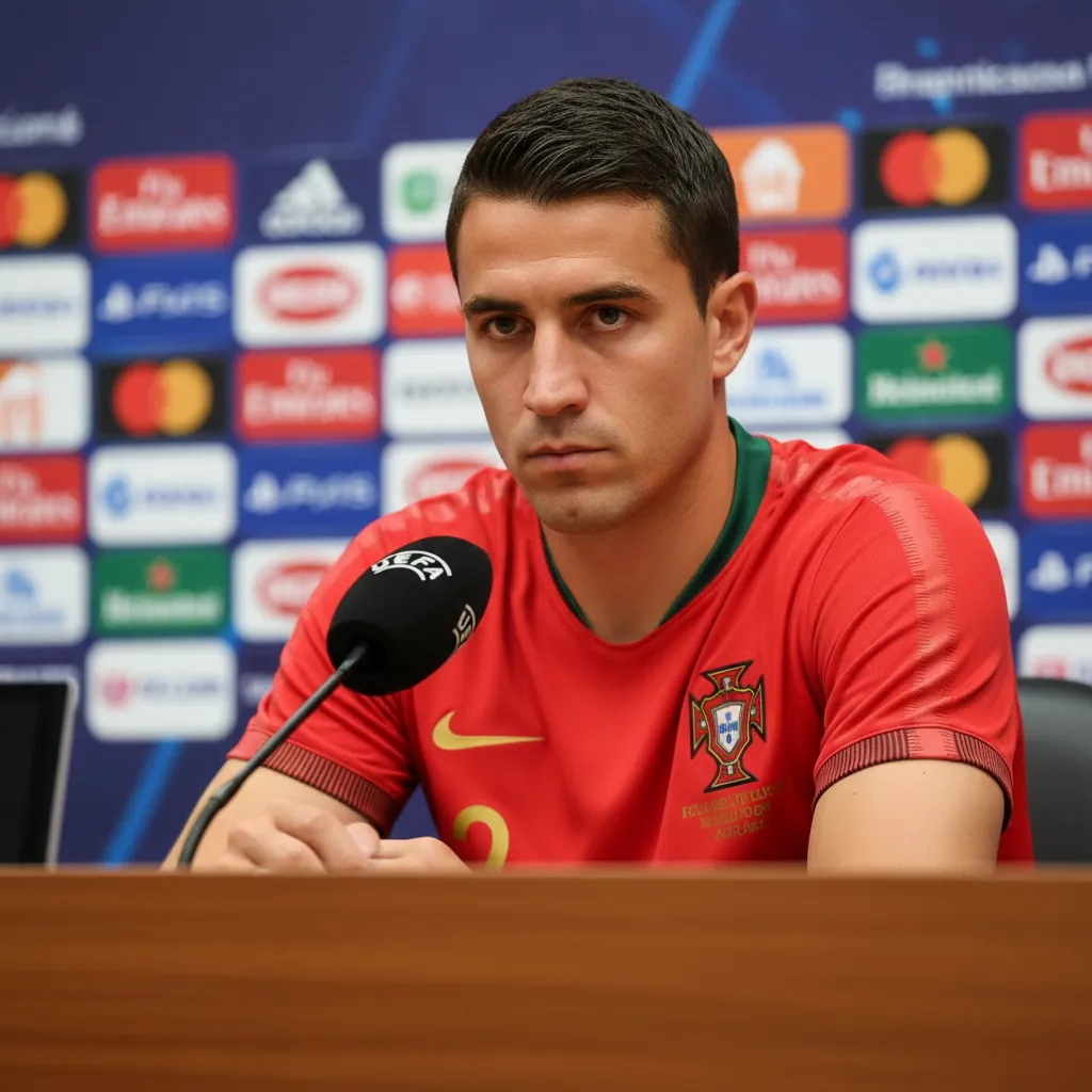 Cristiano Ronaldo giving a stern reply at a World Cup 2026 press conference in Portugal red