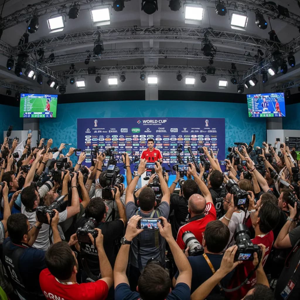 Cristiano Ronaldo giving a stern reply at a World Cup 2026 press conference in Portugal red