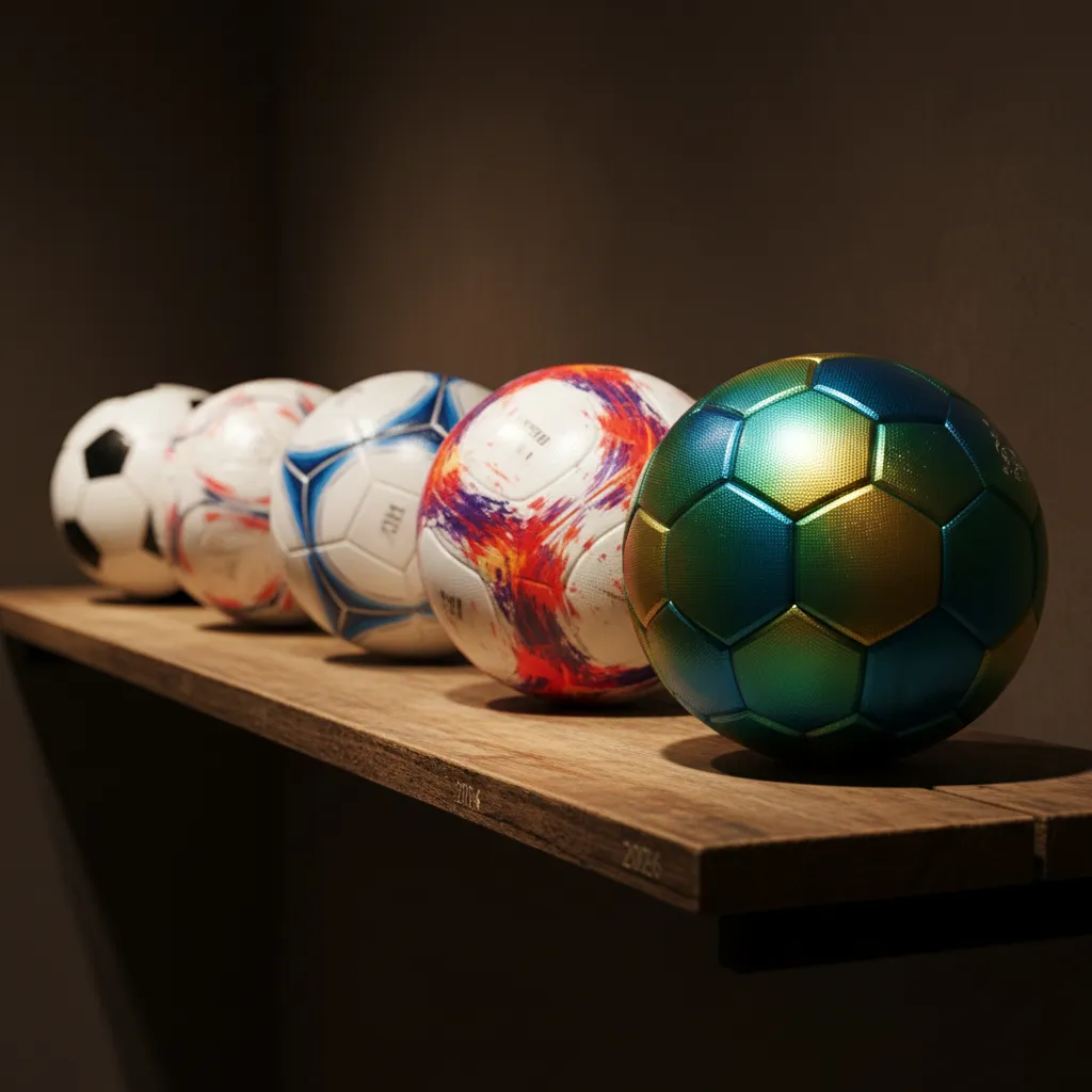 Six footballs from different eras arranged in a timeline on a wooden shelf