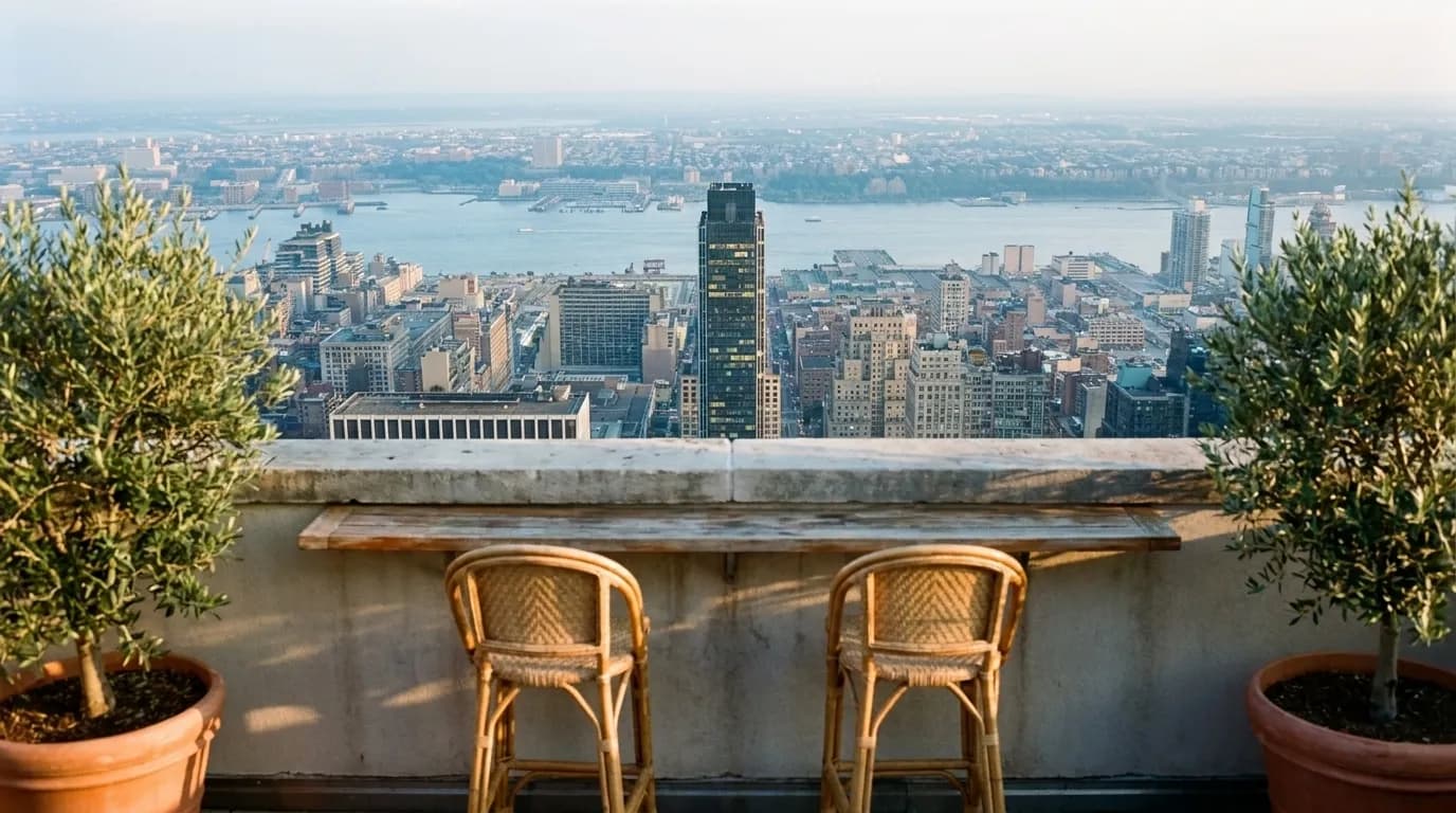 A Manhattan rooftop terrace at early evening with low bar seating, potted planters and the midtown skyline catching gold light behind the parapet