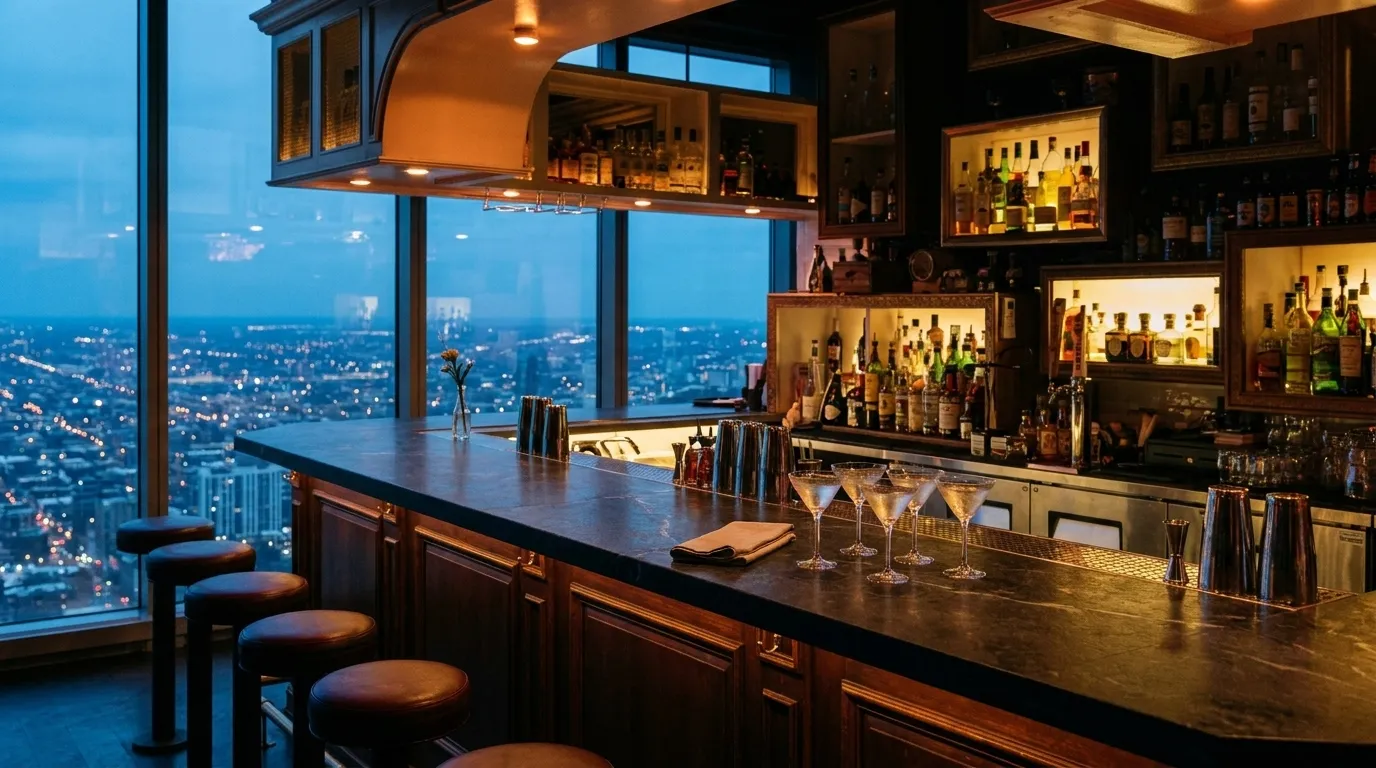A high-floor rooftop bar counter at dusk with small stemmed cocktail glasses on a dark stone bar top and the lit city grid visible through floor-to-ceiling glass