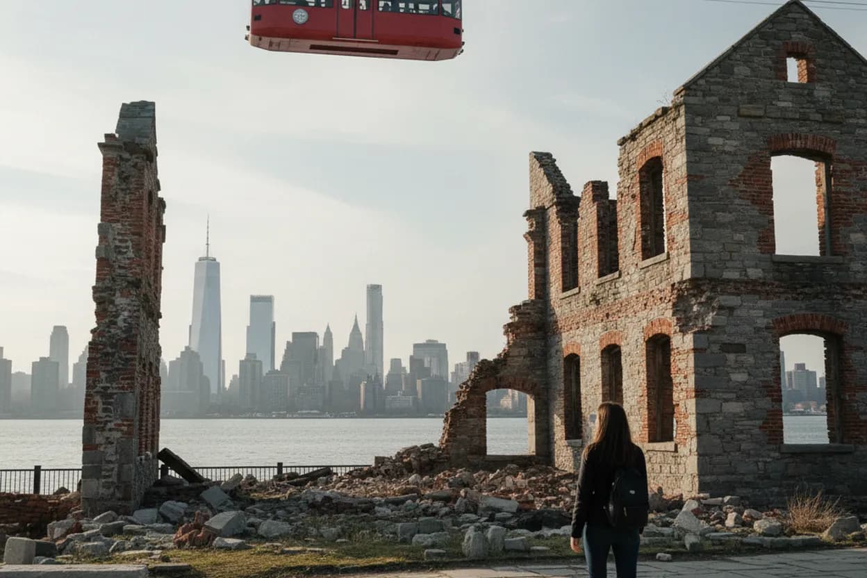 NYC experience scene for Roosevelt Island South Loop: Tram Views, Ruins, and a Quiet Waterfront