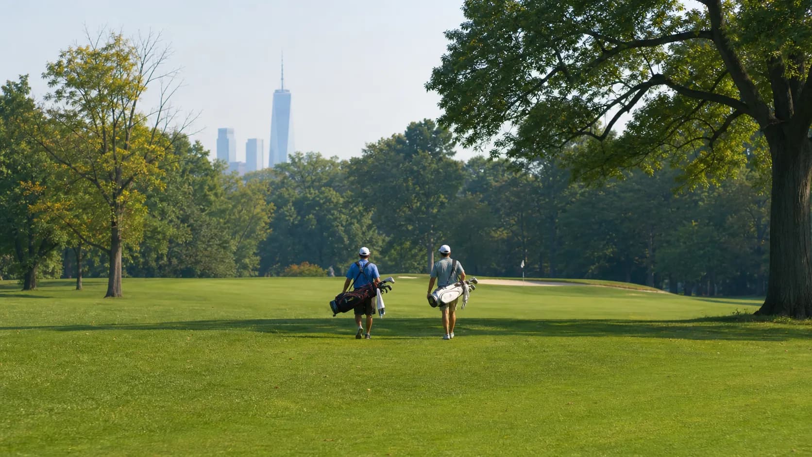 Recreational golfers walk a tree-lined public golf course in New York City.