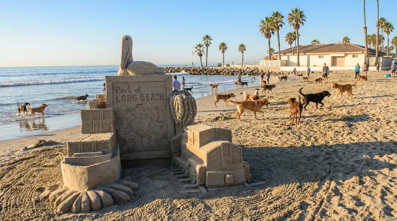 Wide view of Rosie's Dog Beach off-leash zone with dogs playing on sand near Ocean Boulevard in Long Beach