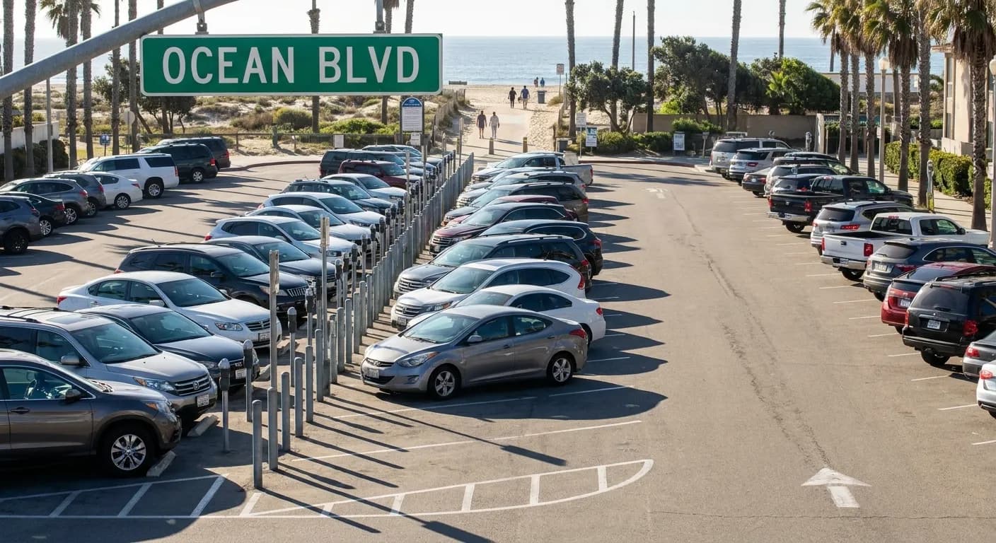 Granada Avenue parking lot entrance with metered spaces and beach access path in Long Beach