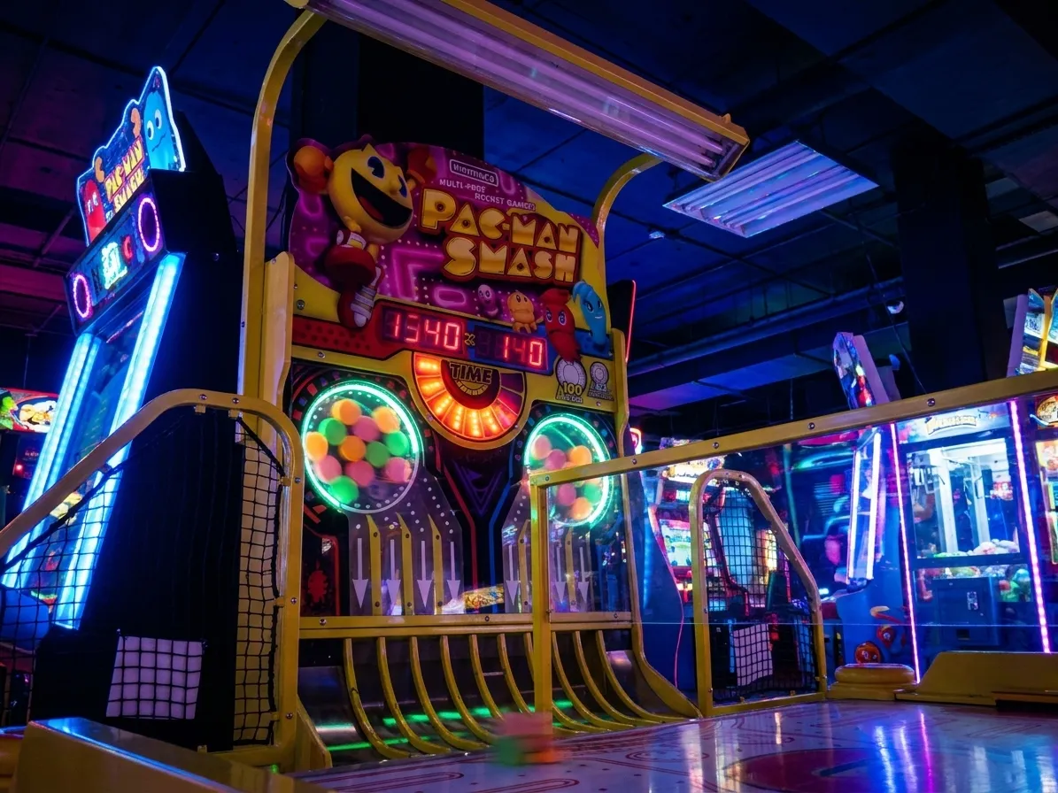 Bright neon arcade cabinets with pink and blue lighting in a darkened game room at Round1 Stonestown