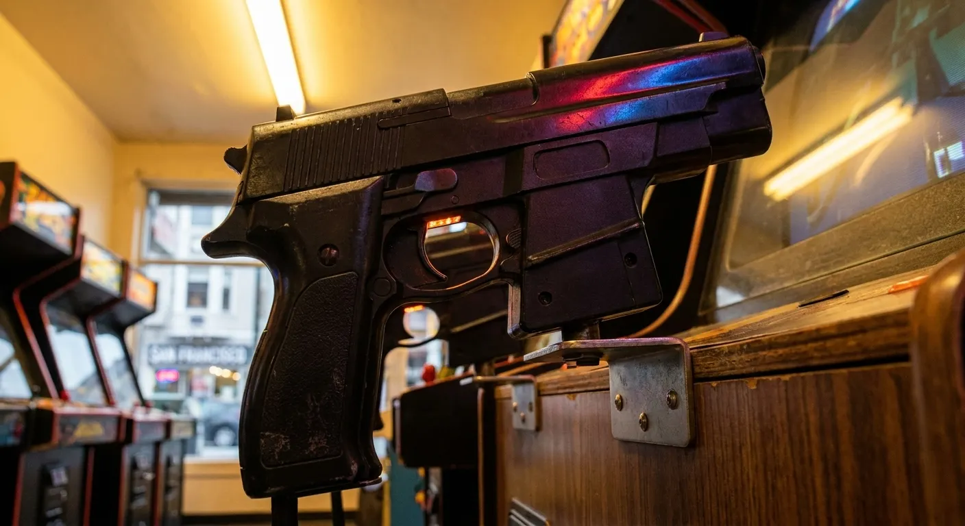 Mounted light-gun controller on a rail-shooter arcade cabinet with illuminated trigger and grip