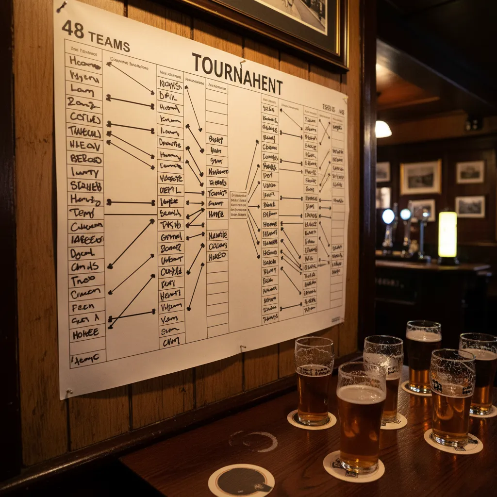 Tournament bracket poster on a pub wall showing the complexity of the 48-team World Cup format