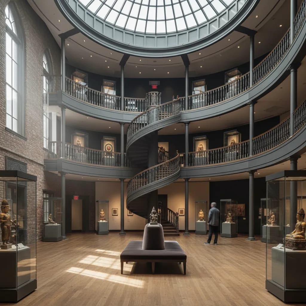 Editorial-style realistic scene inspired by Rubin Museum in New York.