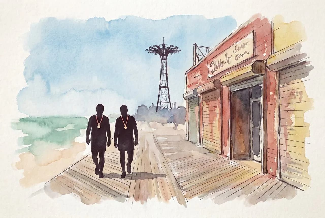 AI-generated watercolor: a low-slung white wooden boardwalk bar with a painted "Ruby's Bar & Grill" sign and an American flag, two silhouetted marathon runners walking toward it across weathered boardwalk planks, the Wonder Wheel and Parachute Jump visible in the middle distance under a clear May sky