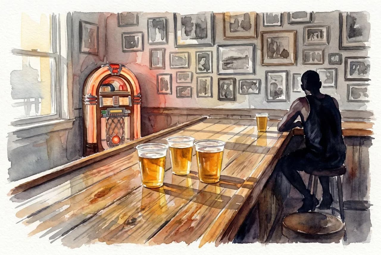 AI-generated watercolor: close-up of a cold golden pint of draft beer sweating on a dark wooden bar counter, a marathon finisher medal lying face-down beside it with the lanyard pooled, vintage Coney Island photographs in mismatched frames softly out of focus on the back wall, warm amber afternoon light