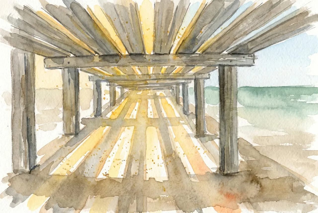 AI-generated watercolor: a top-down view of weathered grey-brown boardwalk planks with a pair of well-worn running shoes (laces undone) sitting on the wood, a crumpled blank race bib beside them, and a small sliver of glinting Atlantic Ocean in the upper-right corner under late-morning sun