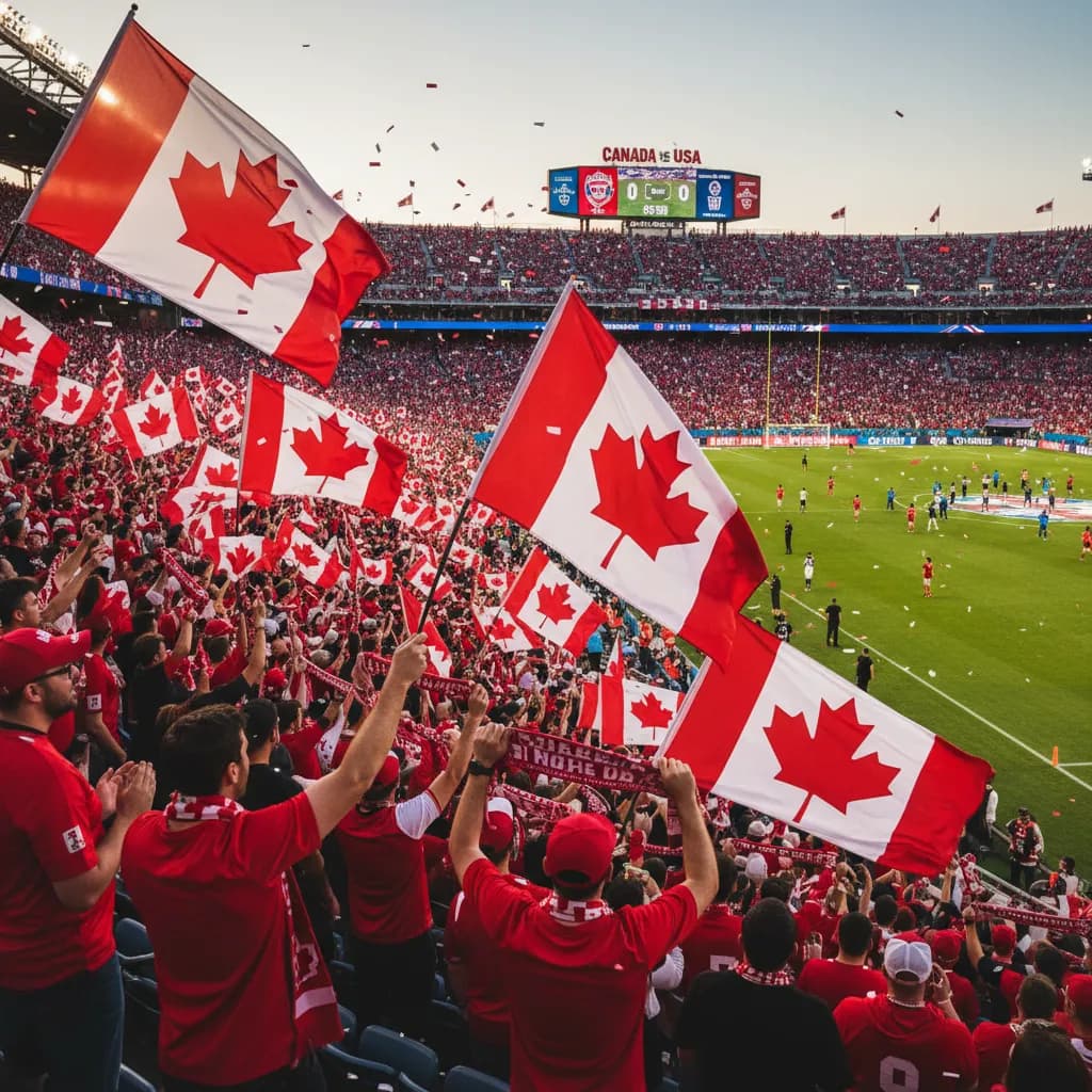 Red and white Canadian flags wave in the stands of a stadium during a World Cup match