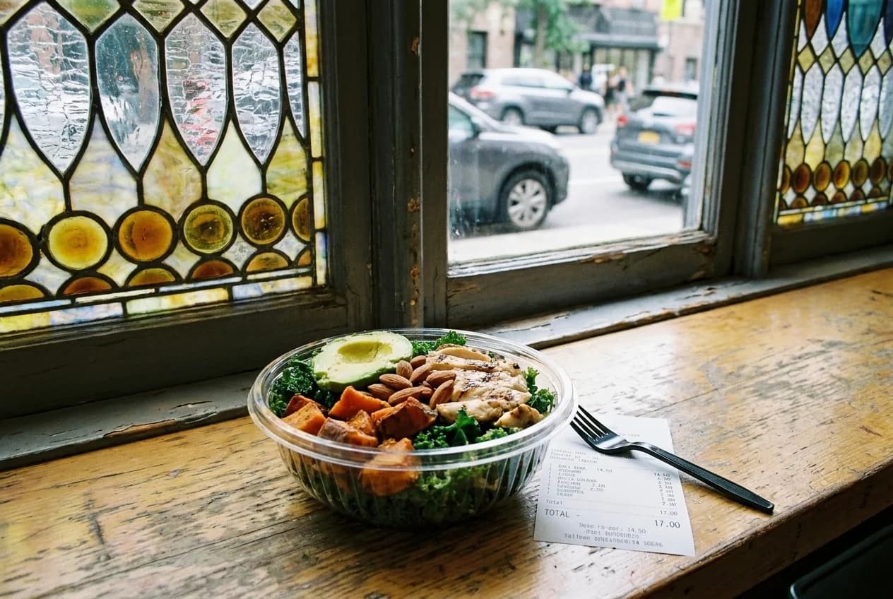 Salad bowl with kale, sweet potatoes, chicken, avocado, and almonds, with receipt showing itemized pricing.