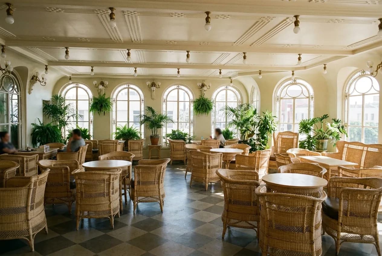 A bright cafe interior with pale wood tables and plants beside a large window in Los Angeles