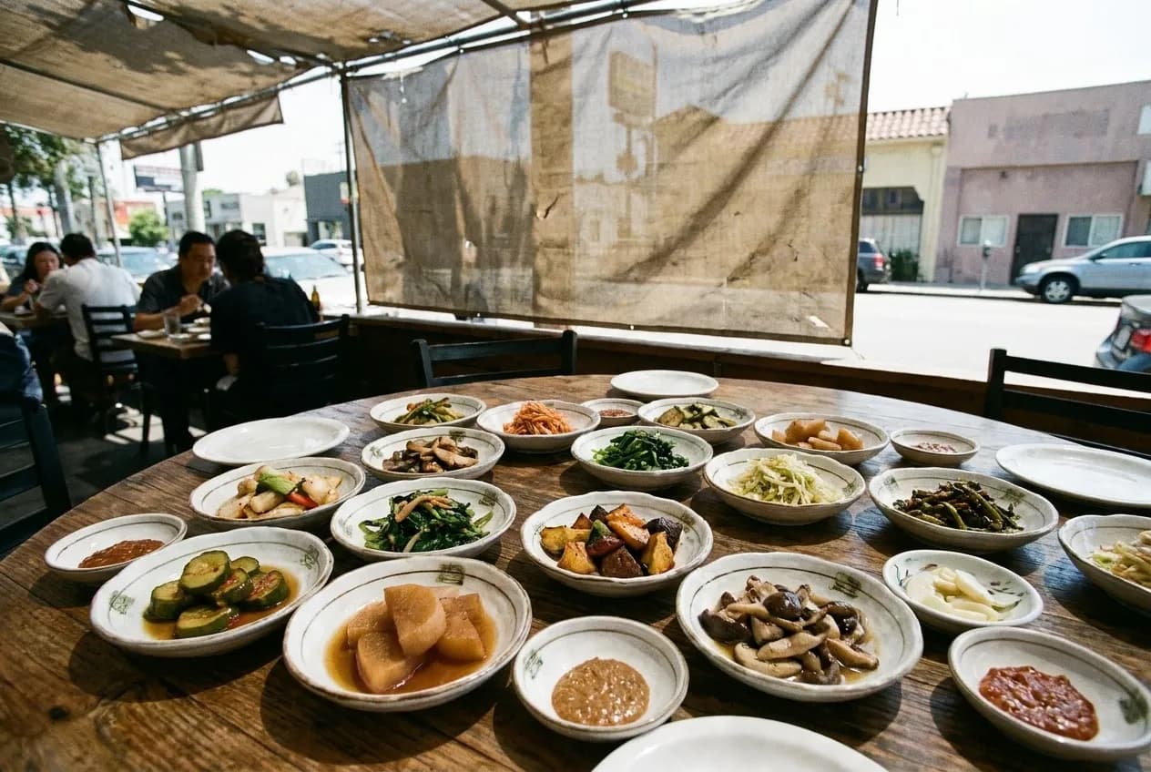 A restaurant table set with many small white dishes of prepared vegetables in Los Angeles