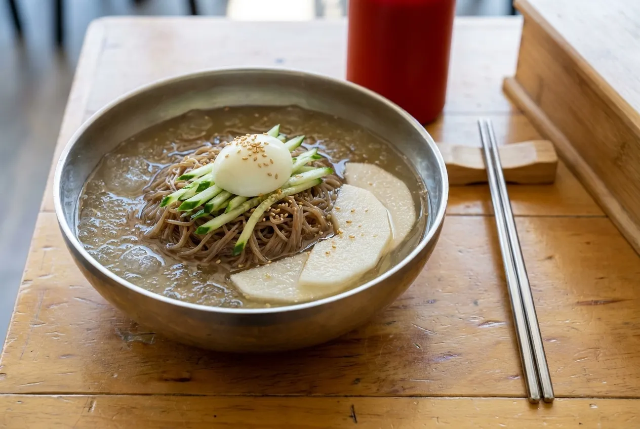 A bowl of chilled buckwheat noodles topped with cucumber, pear and a boiled egg