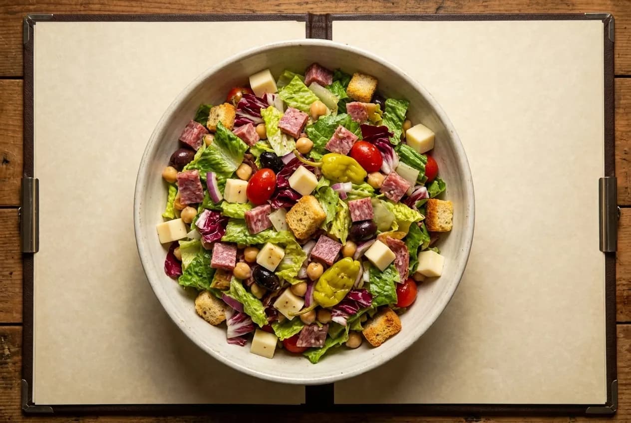 A chopped Italian salad with cured meat, cheese, chickpeas and olives in a wide bowl