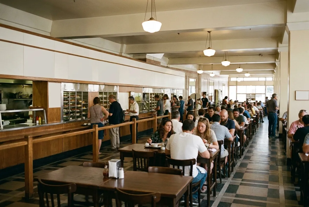 A bright counter-service restaurant interior with a menu board area and a queue rail in San Francisco