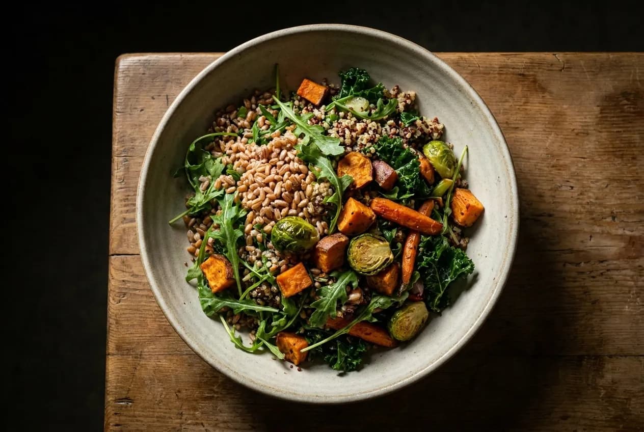 A large mixed salad in a shallow bowl with grains, greens and roasted vegetables