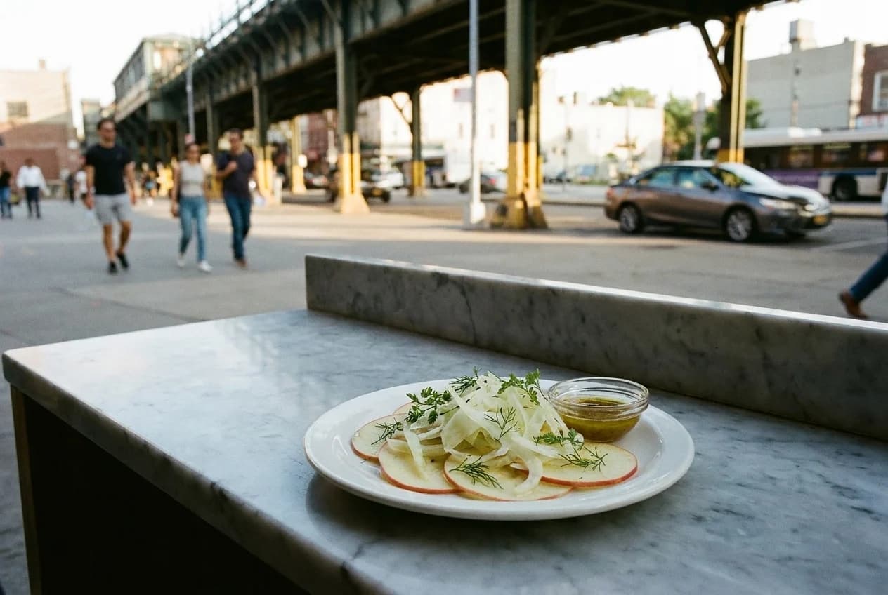 Sliced apples and shaved fennel salad components on white plate with vinaigrette