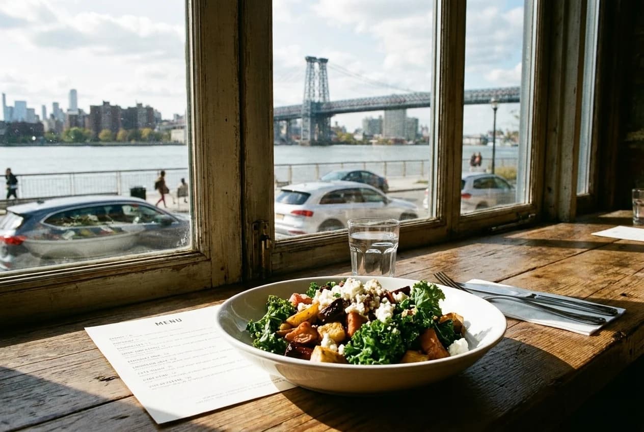 Seasonal salad bowl with roasted vegetables and kale on wooden table in Williamsburg restaurant