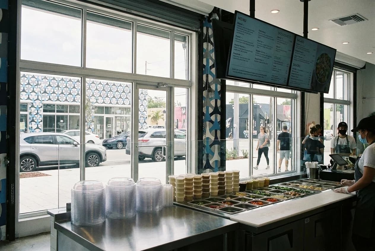 Salad counter in Wynwood with plastic bowls, dressing cups, and menu board visible.
