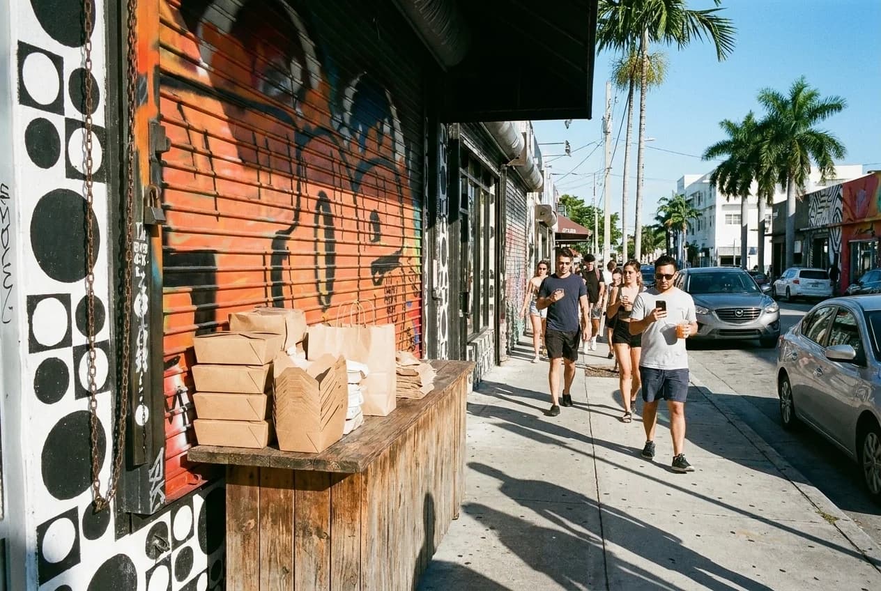 Takeout containers on a sunlit outdoor counter in Wynwood, Miami, with sharp afternoon shadows.