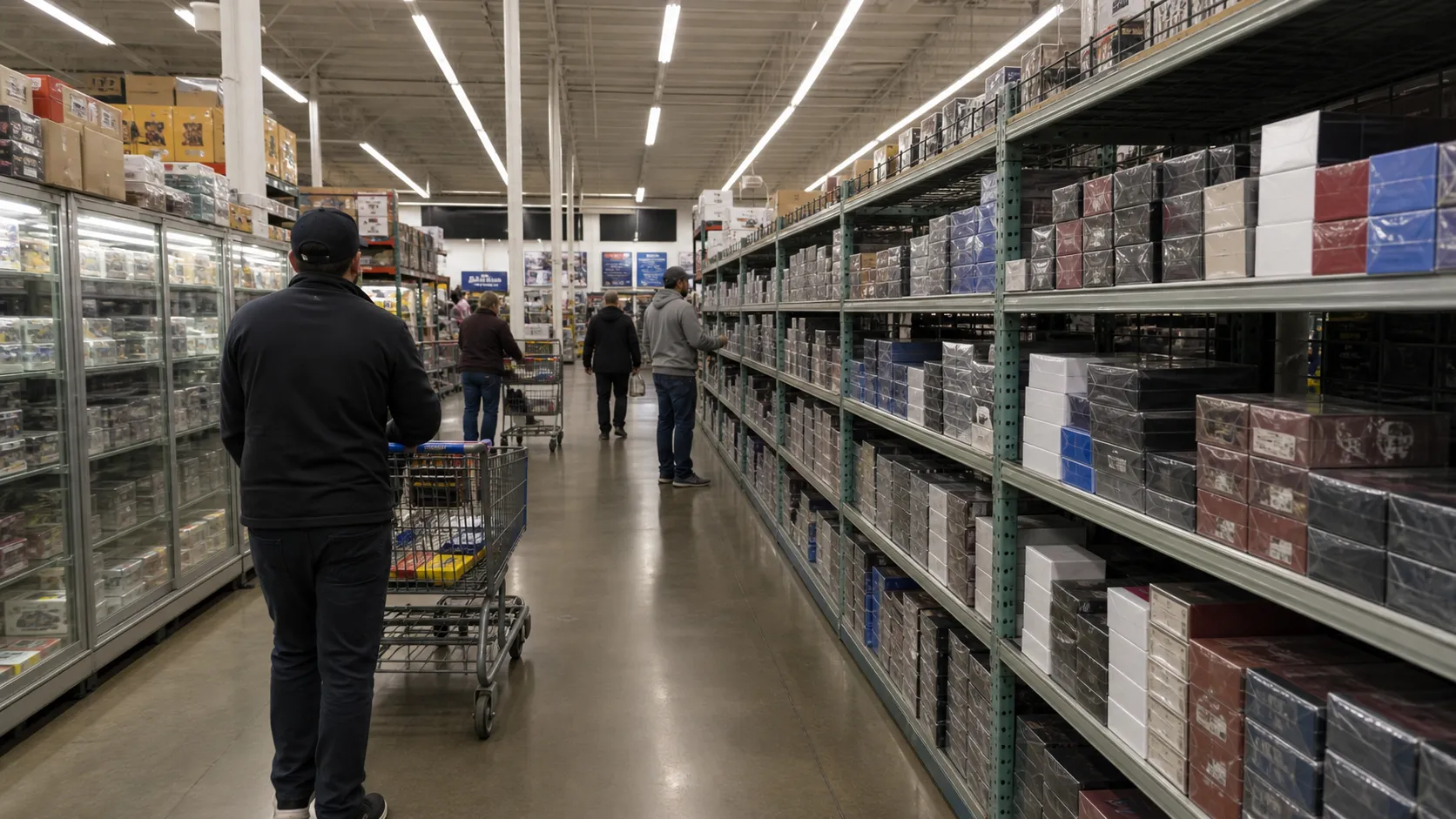 A warehouse store aisle with shoppers checking shelves for collectible card products.