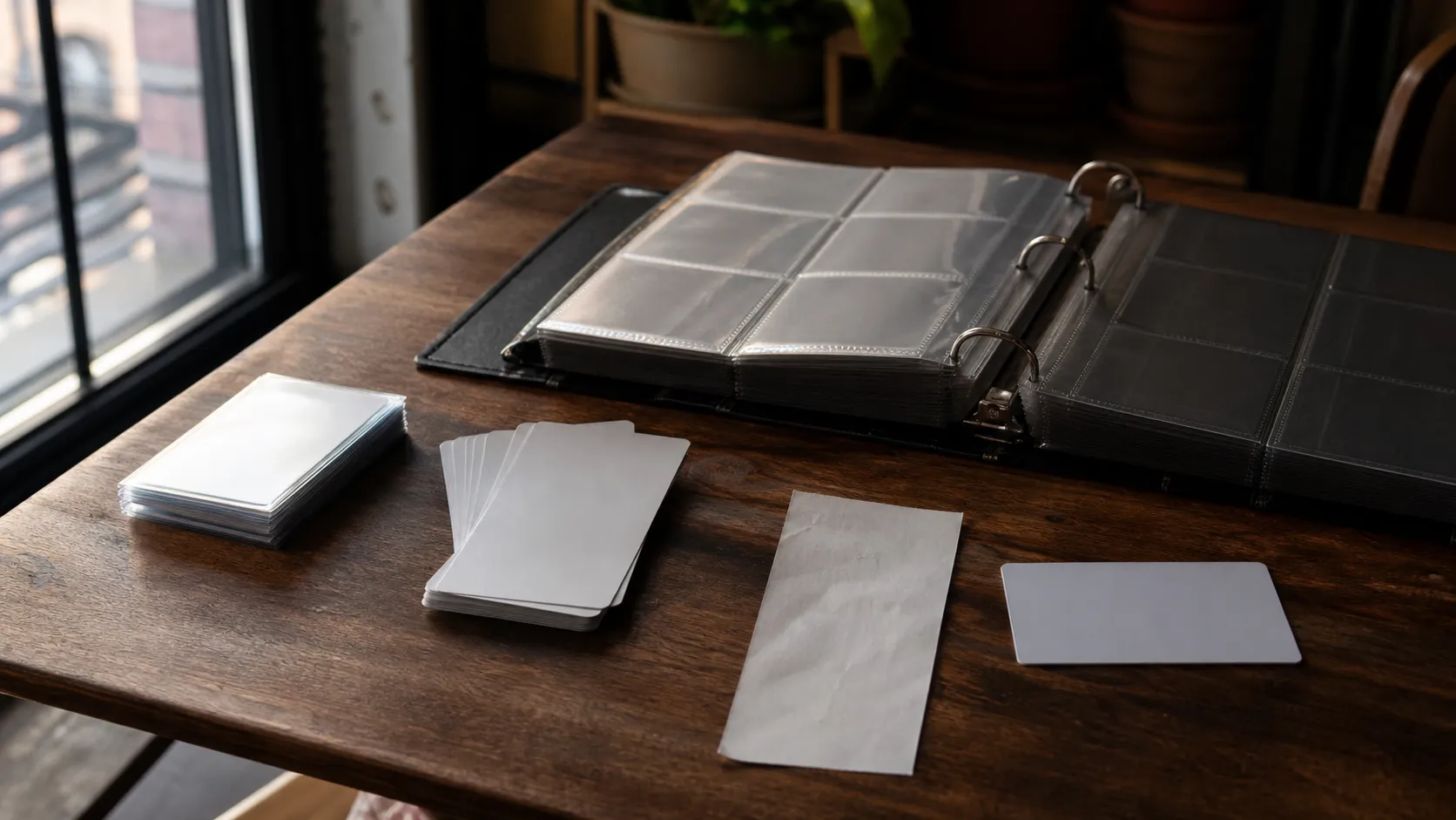 A collector's tabletop with card sleeves, binder, receipt, and transit card after a shopping trip.