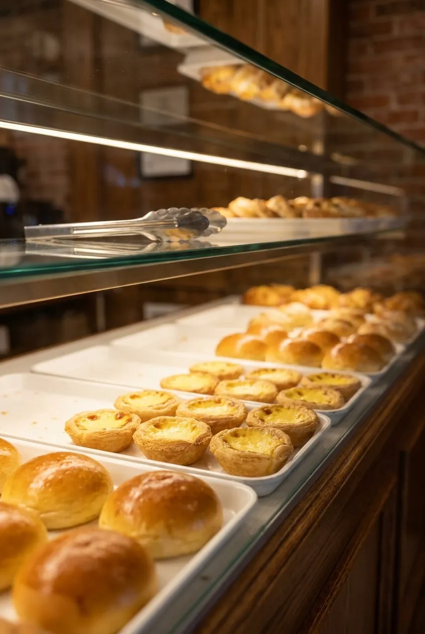 Bakery display case with egg tarts and buns on metal trays under warm interior lighting